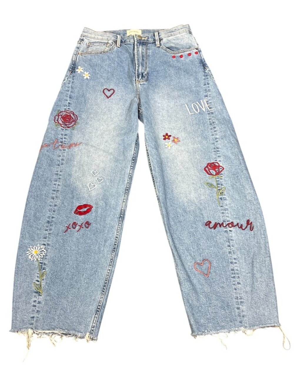 FREE PEOPLE x DRIFTWOOD Parker Love Note Embroidered Barrel Jeans Blue Sz 26 EUC - Picture 1 of 7